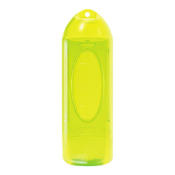 Das Bild zeigt ein durchsichtiges, neon-gelbes Etui in zylindrischer Form. Es hat ein kleines Loch an der Oberseite zum Aufhängen oder Befestigen.